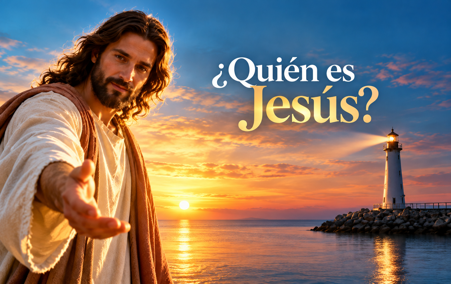 Jesús con su mano extendida hacia nosotros, un faro iluminando el mar al amanecer